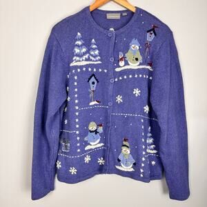 Croft & Barrow Ramie Angora Snowman Embroidered Knit Cardigan Blue Sz Lg Holiday